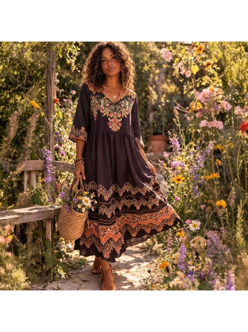 Noracora Black Floral Boho Midi Dress Small Embroidered Border NWT - Picture 2 of 8